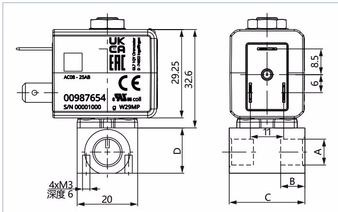 宝德 BURKERT 20016143 7011 型螺纹版本尺寸