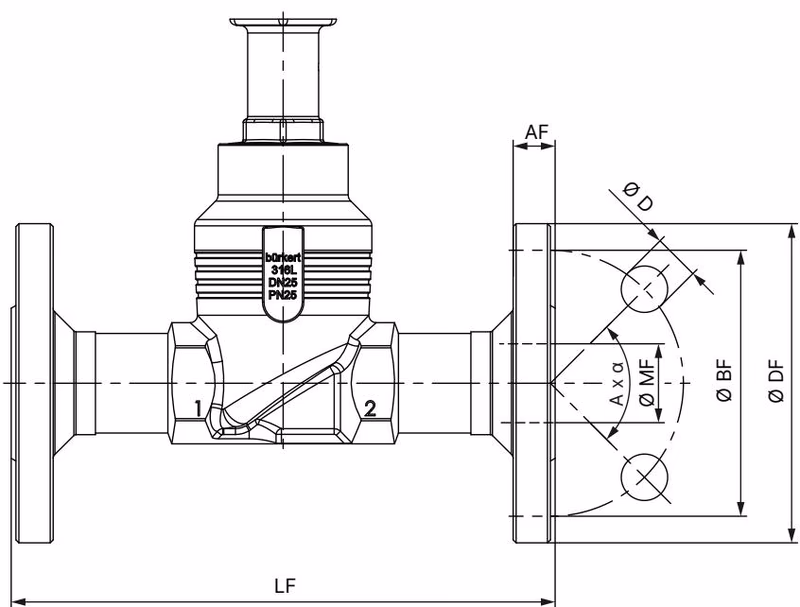 宝德 BURKERT 20021646 宝德(Bürkert)3361 型带法兰连接的阀体尺寸