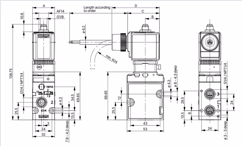 BURKERT 20047735 Dimensions for Ex mb variant with moulded cable