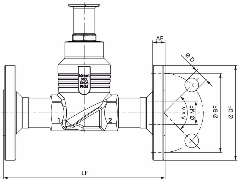 BURKERT 20081535 Type 3361 body with flange connection dimensions