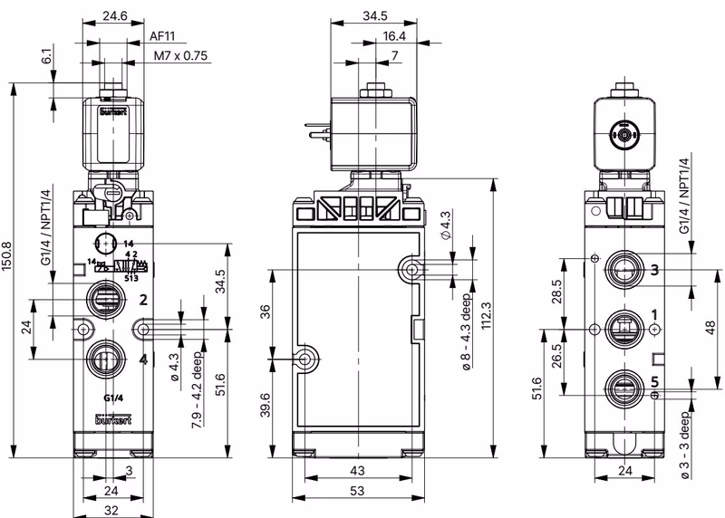 BURKERT 20093777 dimensions for standard variant 5/2-way valve