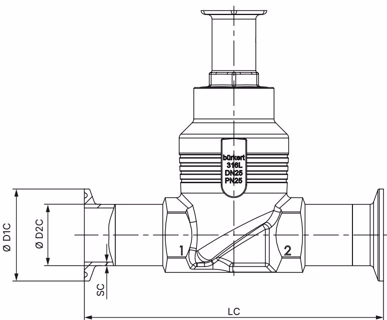 BURKERT 20112160 Burkert 3361 dimensions for body with clamp connection