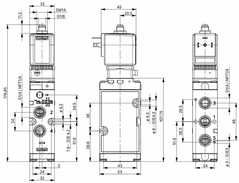 宝德 BURKERT 20116344 6519型 带 A 型插头尺寸图