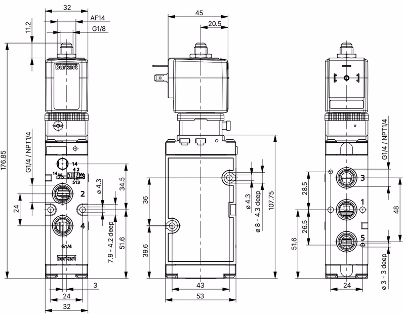 BURKERT 20116344 Type 6519 dimensions with plug form A