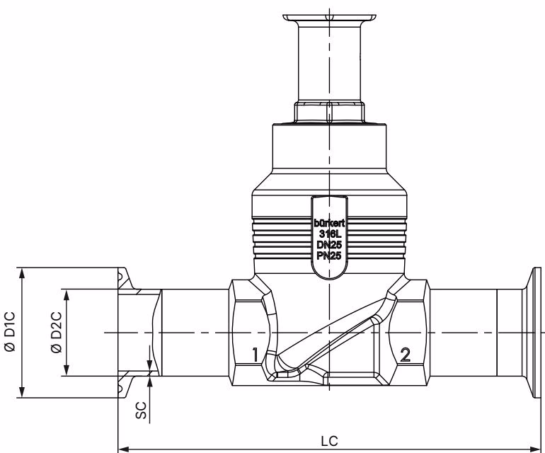 BURKERT 20117041 Type 2921 body with clamp connection dimensions