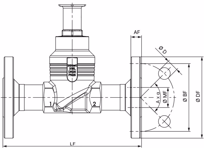 BURKERT 20117041 Type 2921 body with flange connection dimensions