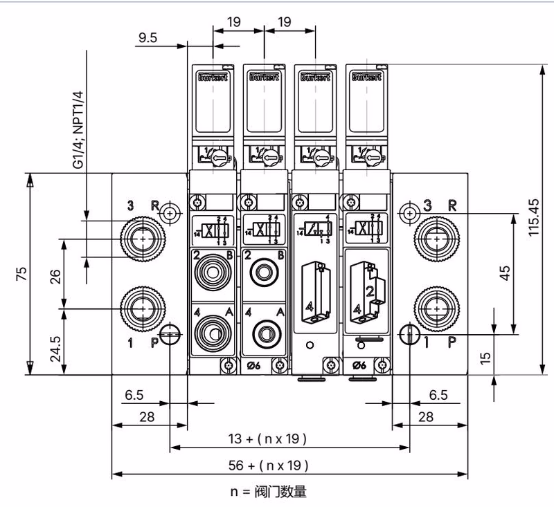 宝德 BURKERT 320659 19mm 阀片组合安装尺寸