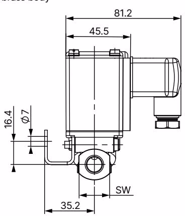 BURKERT 43084 dimensional diagram for 74 mm brass valve body