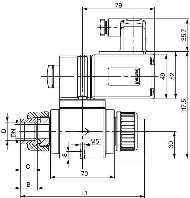 Burkert 56512 Type 0131 dimensions front view for plastic variant