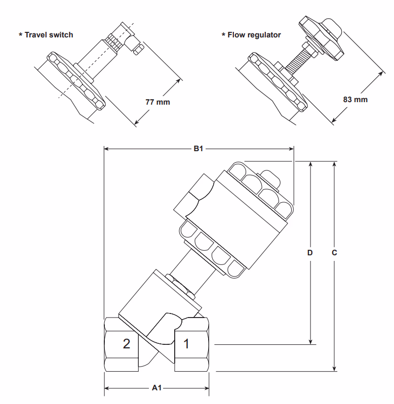 Spirax Sarco PF51G Bronze Pneumatic Piston On/Off Angle Valve Dimensions