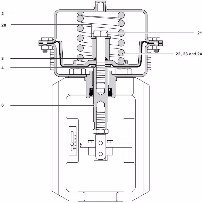 Spirax Sarco PN9000 Series spring-extend actuator assembly showing diaphragm